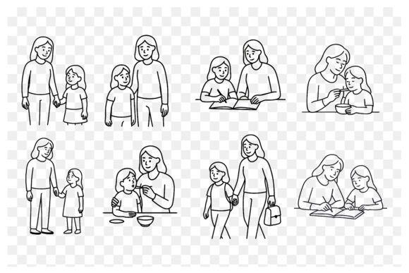 Mother and Daughter Line Art Vector Set